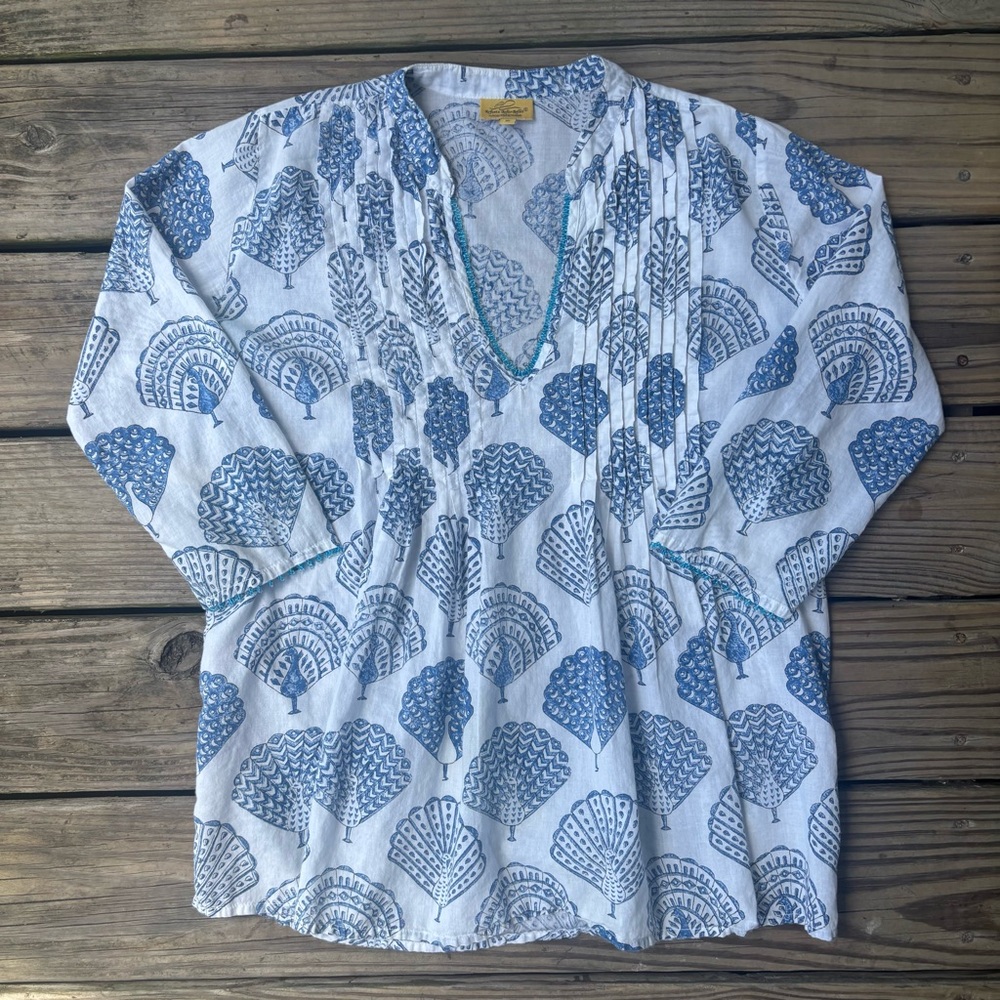 Roberta Roller Rabbit Blue and White Printed Cotton V-Neck Tunic Blouse